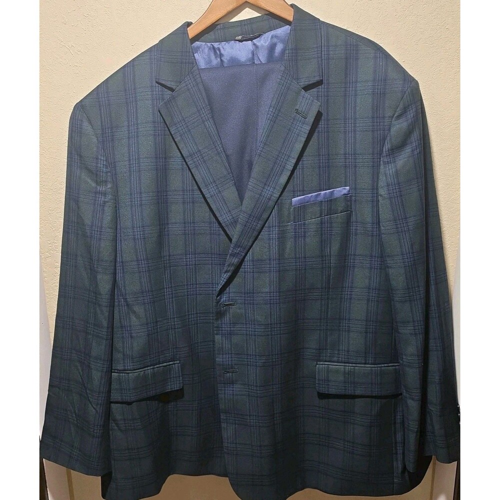 Oak Hill Men’s Green Blue Plaid Windowpane 2-Piece Suit 3XL Pants Sports Coat